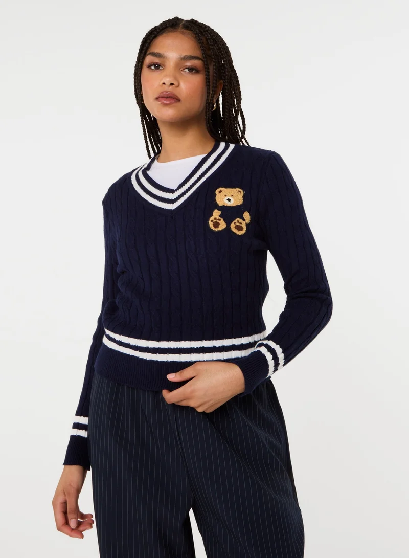 Contrast V-Neck Teddy Jumper